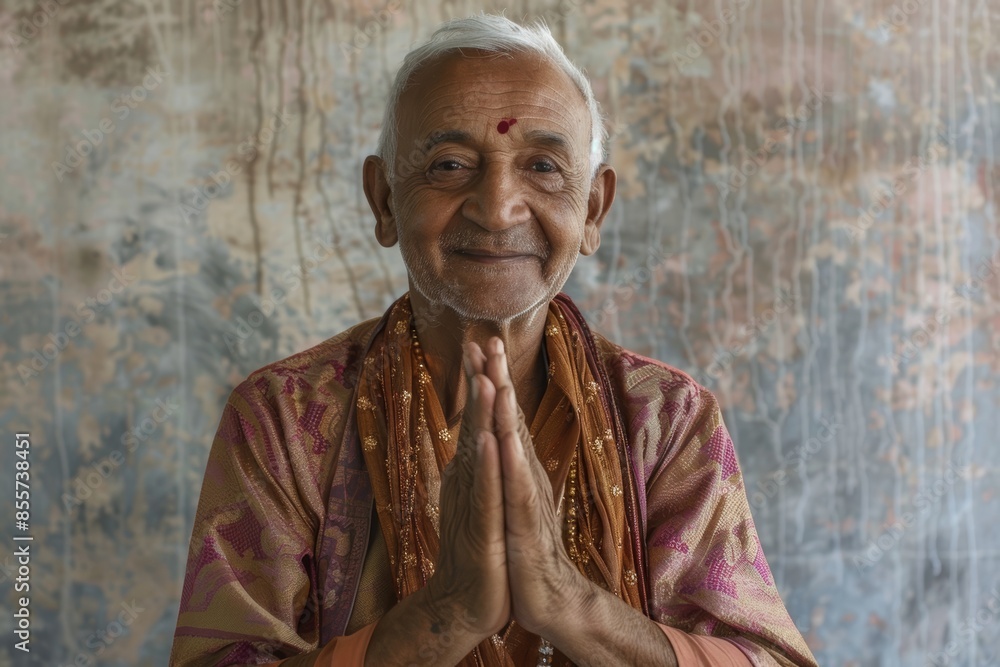 Wall mural Portrait of a happy indian man in his 70s joining palms in a gesture of gratitude in minimalist or empty room background - Wall murals