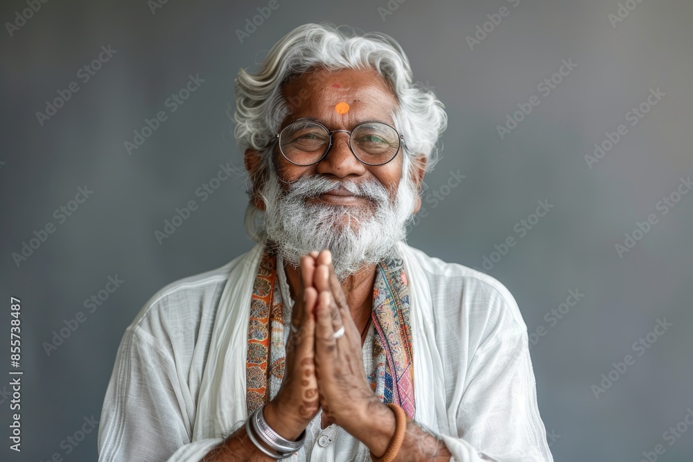 Wall mural portrait of a happy indian man in his 70s joining palms in a gesture of gratitude in front of minima - Wall murals