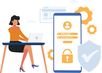 A female is using laptop for data security.