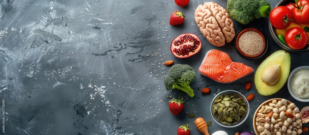 Aufkleber Different healthy products for brain on grey background. Copy space image. Place for adding text or design
