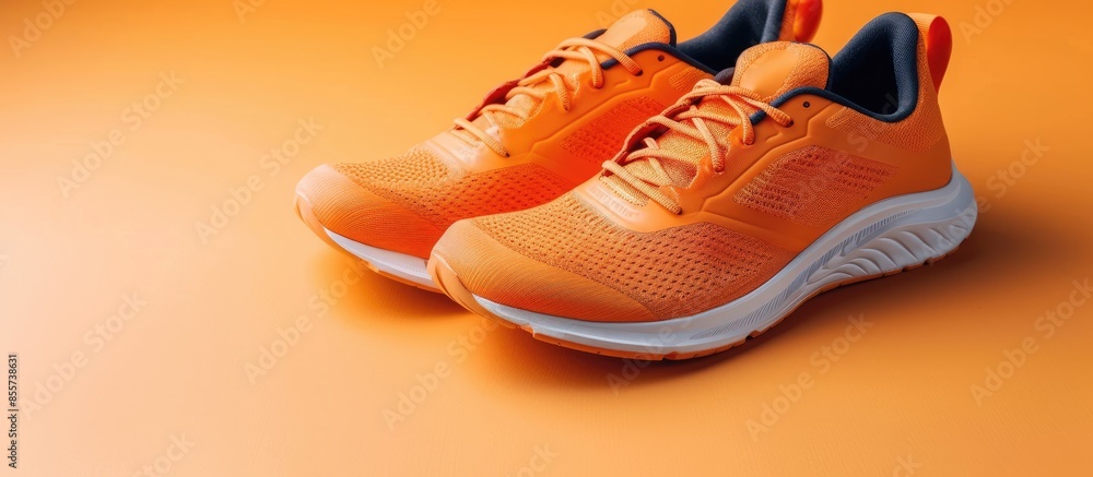 Poster stability and cushion running shoes. new unbranded running sneaker or trainer on orange background. 