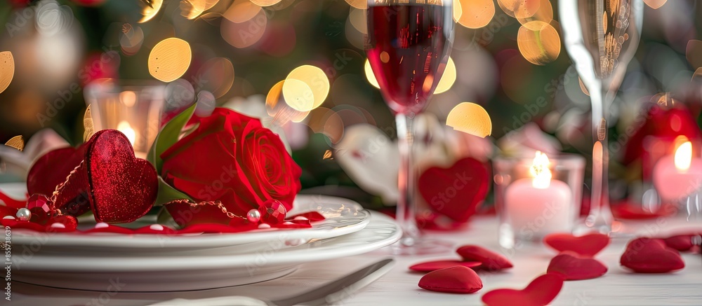 Aufkleber festive table setting in dining room decorated for valentine's day. copy space image. place for addi