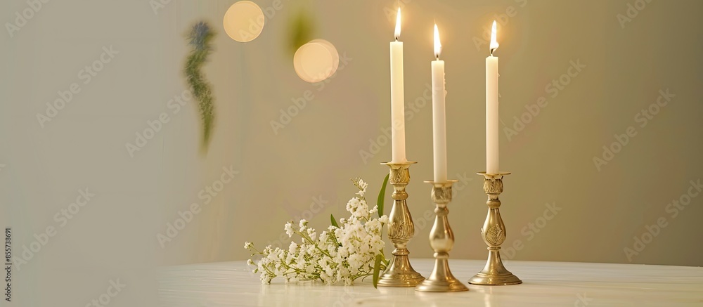 Poster Elegant candlesticks with burning candles and flower on white table. with copy space image. Place for adding text or design