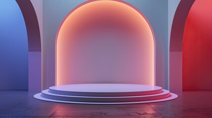 Minimalistic podium  stage  with a glowing archway and vibrant blue and red accent lighting, creating a futuristic ambiance
