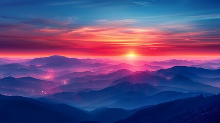 Fototapeta premium Red and blue gradient sky mountains illustration poster background