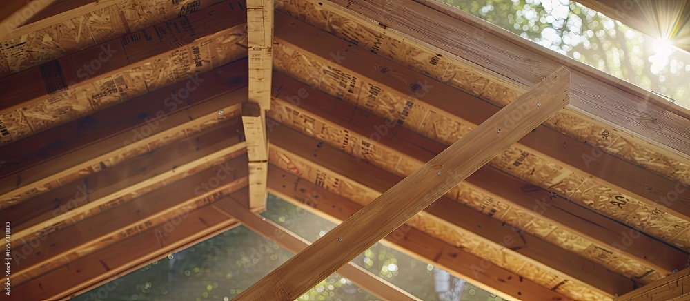Poster wooden roof framework on stick built home under construction the framing. with copy space image. pla
