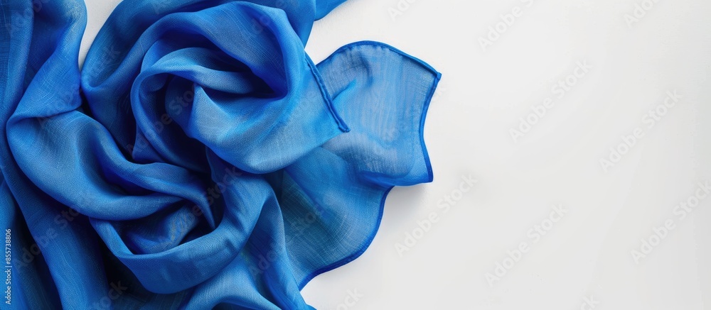 Poster blue folded fabric napkin on white background, top view. copy space image. place for adding text or 
