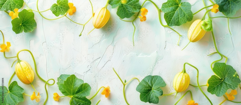 Poster fresh green leaves of melon with yellow blooms and tendrils Isolated on pastel background. with copy space image. Place for adding text or design