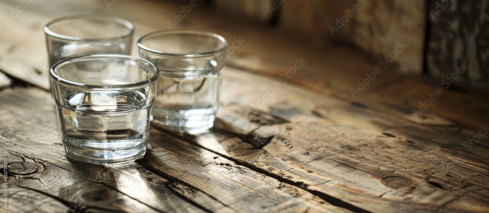 Poster Glasses of water on a wooden table. Selective focus. Shallow DOF. with copy space image. Place for adding text or design