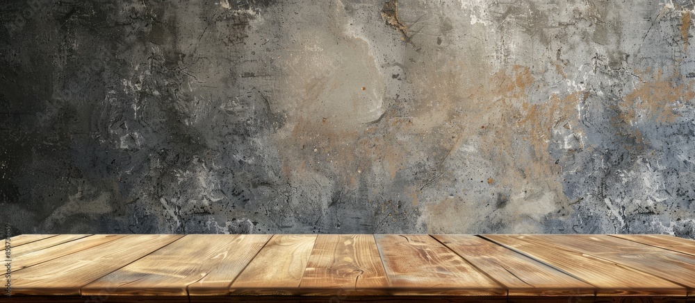 Poster empty diagonal wood plank table top with grunge concrete wall,mock up for display or montage of prod