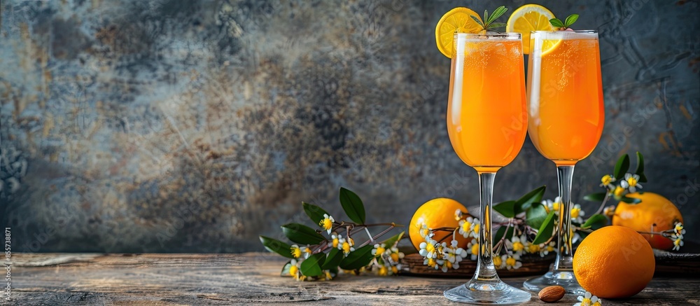 Aufkleber composition with tasty mimosa cocktails on table. with copy space image. place for adding text or de
