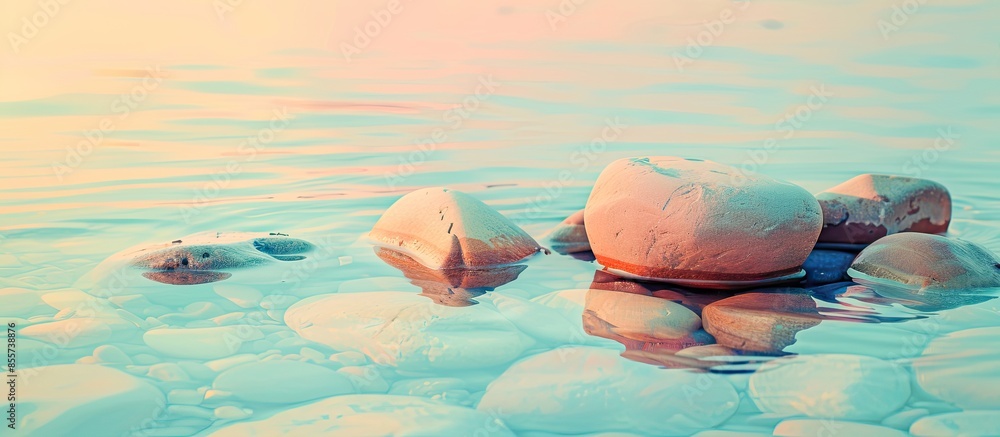 Poster stones pile in the river pastel background water beach. with copy space image. place for adding text