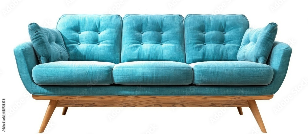 Poster turquoise fabric sofa on light wooden base isolated on white background. series of furniture. with c