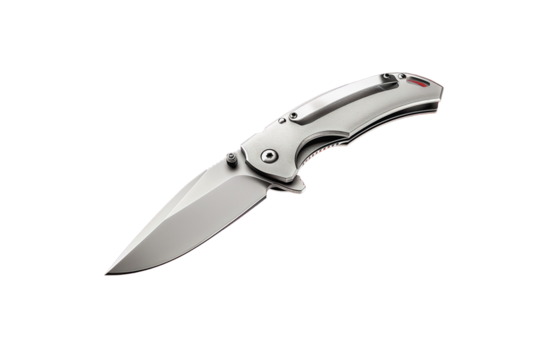 A sleek stainless steel pocket knife with a sharp blade, isolated on a transparent background, ideal for outdoor and survival themes.

