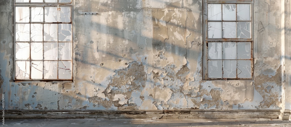 Poster discarded ruin with old windows and wall, industrial window in concrete wall. with copy space image. Place for adding text or design