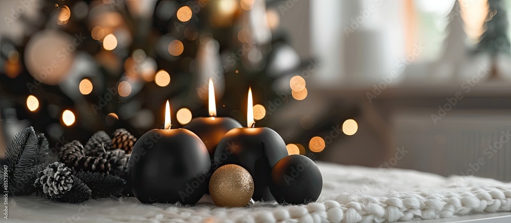 Poster black burning candles with christmas balls in white interior. with copy space image. place for addin