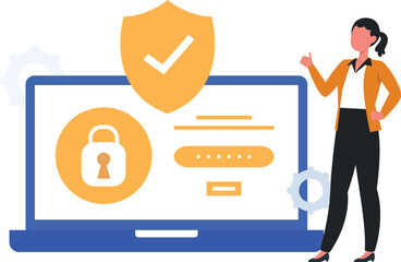 Girl explaining about data security on laptop.