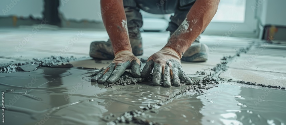 Poster Construction worker tiler is tiling, ceramic tile floor adhesive. with copy space image. Place for adding text or design