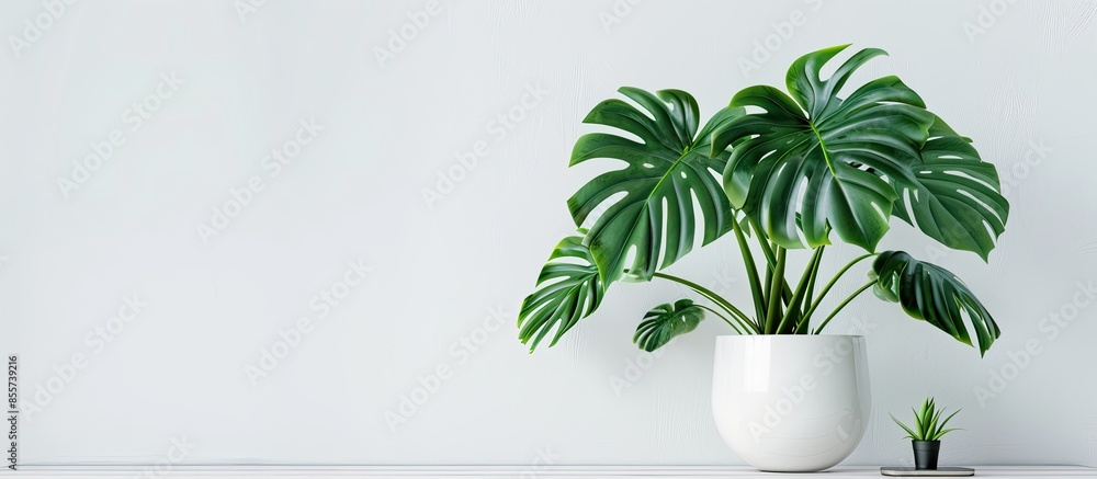 Poster office table with computer, smartphone, pen and house plant on white background, creative workplace 