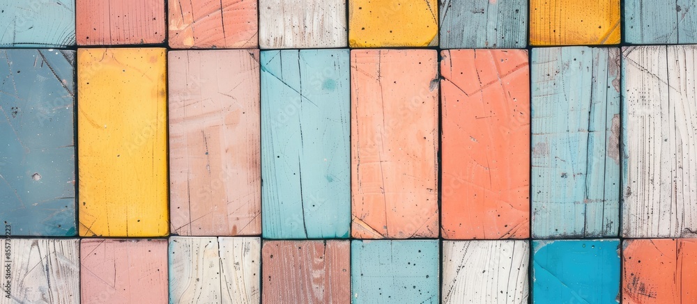 Poster a vertical high angle shot of a wooden ground with vertically arranged tiles pastel background. with