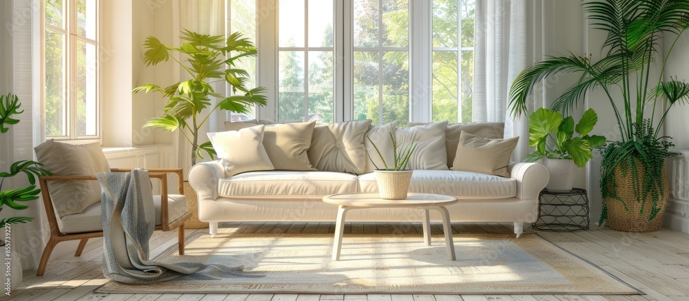 Poster comfortable living room with soft carpet light sofa with cushions coffee table ad armchair potted pl
