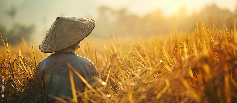 Poster Vietnamese farmer are drying paddy rice in the sun. with copy space image. Place for adding text or design