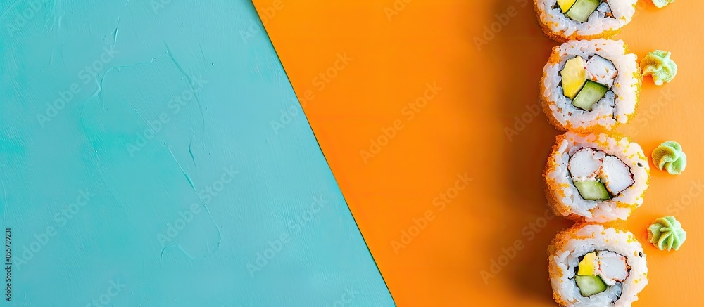 Leinwandbilder cheese and chicken sushi isolated with pastel background. with copy space image. place for adding te