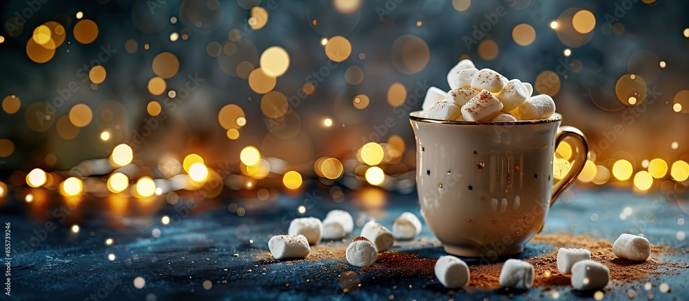 Poster cup of hot chocolate and marshmallow, lights on dark background . with copy space image. place for a