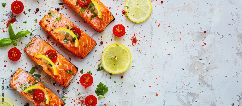 Fototapete Sliced salmon pieces served with lemon and vegetables pastel background. with copy space image. Place for adding text or design