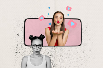 Composite photo collage of two happy astonished pouted lips girls blogging concept phone device...