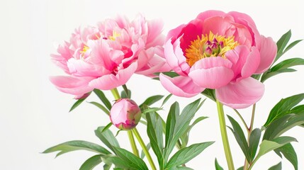 Naklejka premium pink peonies arranged in a stock photography style against a pristine white background, bathed in natural light.