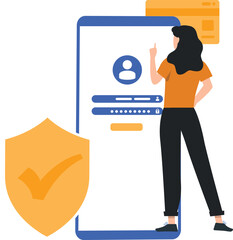 Girl pointing to user account on mobile.