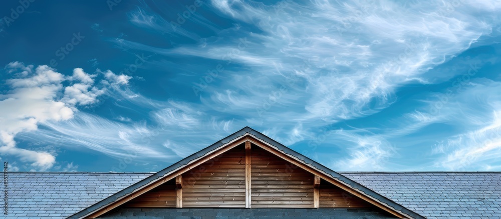 Aufkleber Roof of house made of gray corrugated slate on wooden beams against sky background with place for text. with copy space image. Place for adding text or design