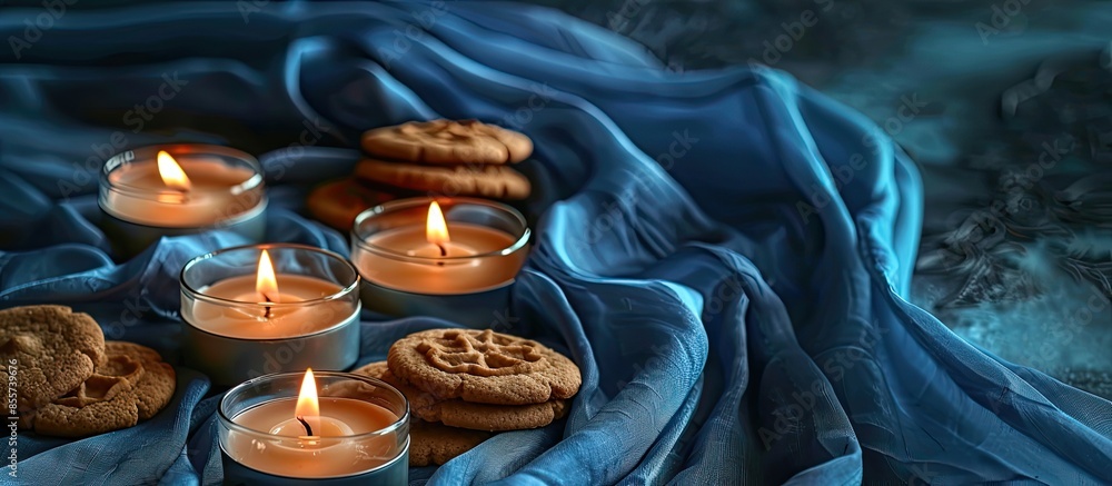 Poster Holders with burning candles and cookies on fabric background. with copy space image. Place for adding text or design