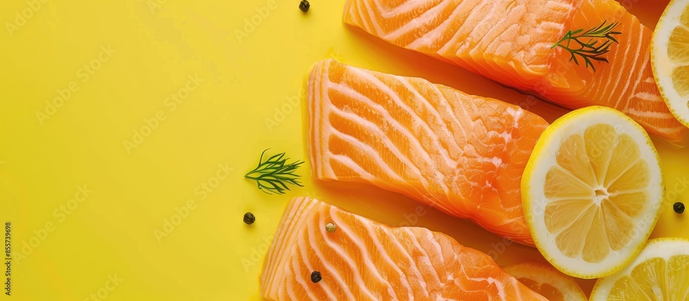 Fototapete sliced salmon pieces served with lemon and vegetables pastel background. with copy space image. plac