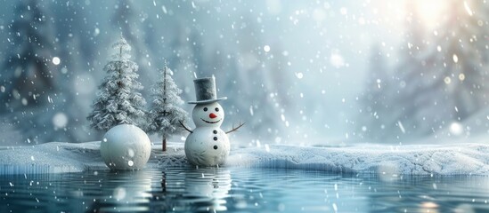 Fototapeta premium Snowman on Frozen Lake with Three Tree Isolated on pastel background. with copy space image. Place for adding text or design