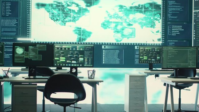Empty governmental cyber defense and surveillance room equipped with cutting edge advanced technology. Ensuring safety from cyber attacks and digital threats with cyber security measures. Camera A.