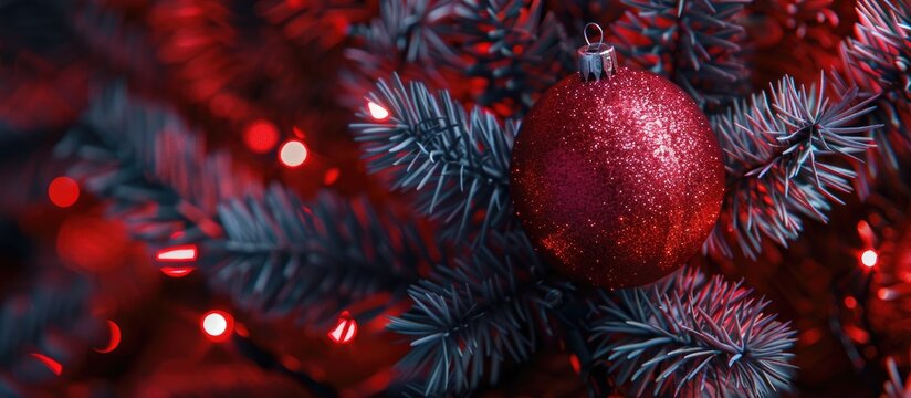 Red and silver ball ball in Christmas tree with lights vDj" portrait. with copy space image. Place for adding text or design
