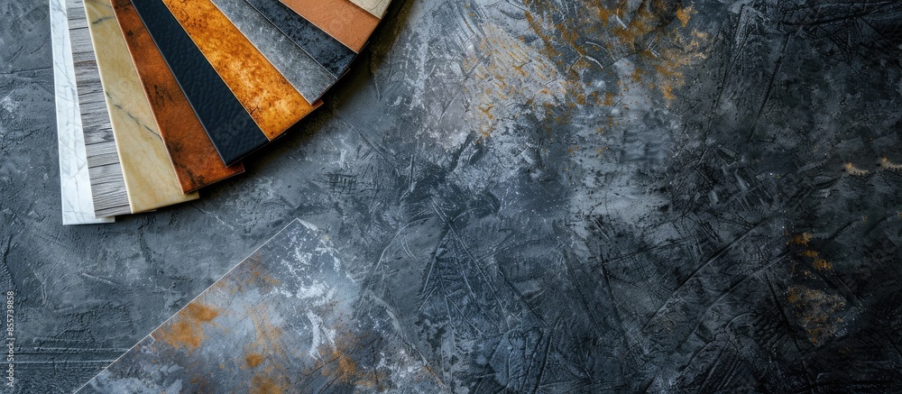 Poster example of a catalog of luxury vinyl floor tiles and a designer palette with textures with a new int