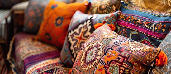 Fototapeta premium Close up detail of decorative throw pillows. with copy space image. Place for adding text or design