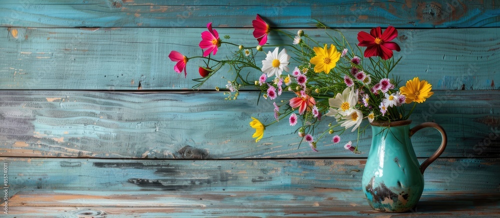 Aufkleber spring flowers in jug on old wooden painted background. with copy space image. Place for adding text or design