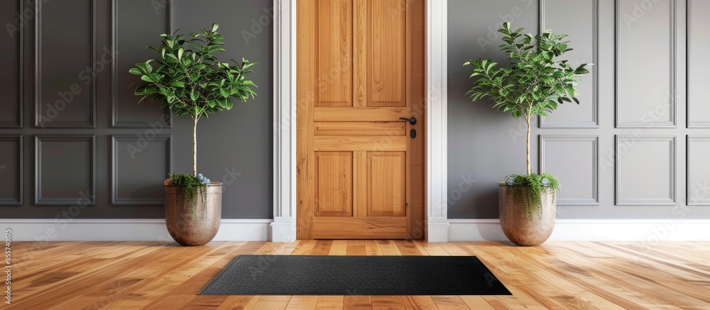 Poster black mat near wooden door in hallway. with copy space image. place for adding text or design