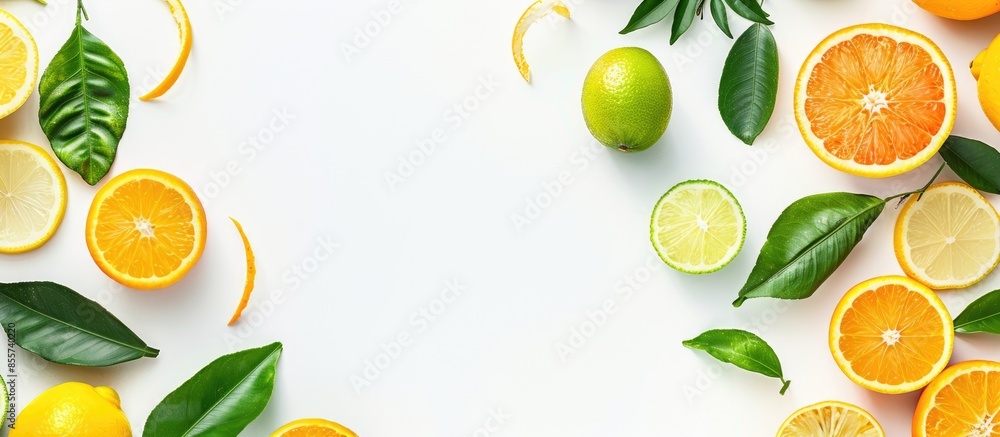 Fototapete Creative composition of colorful citrus fruits isolated on white background, top view, flat lay. Copy space image. Place for adding text or design