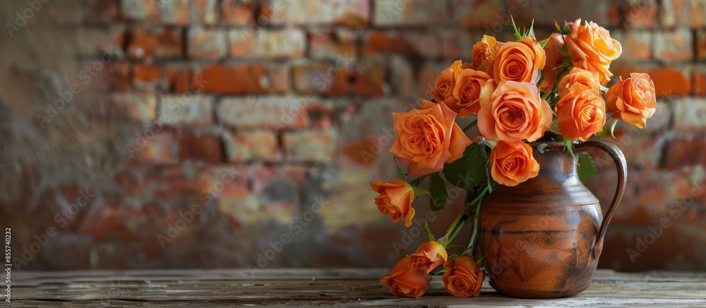 Poster jug with beautiful orange roses on table against brick wall. with copy space image. place for adding