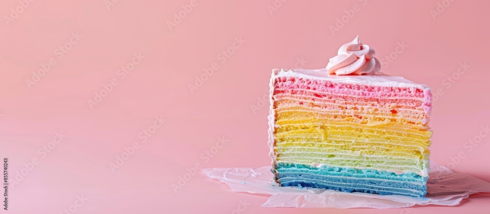 Poster rainbow crepe cake isolated on pastel background. food. with copy space image. place for adding text