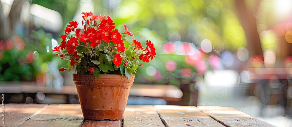 Poster red, Burgundy flowers in a pot stand on a wooden table. street cafe green blurred background, close-up. with copy space image. Place for adding text or design