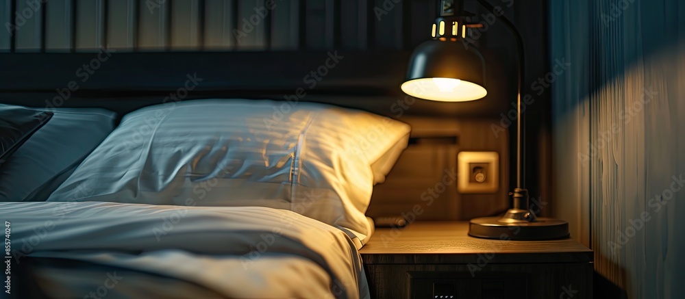 Aufkleber A bedside table and a burning lamp stands on it in a dark room. Hotel number. with copy space image. Place for adding text or design