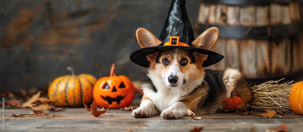 Poster welsh corgi in halloween disguise sitting on a broom and wearing witch hat with pumpkins on his side