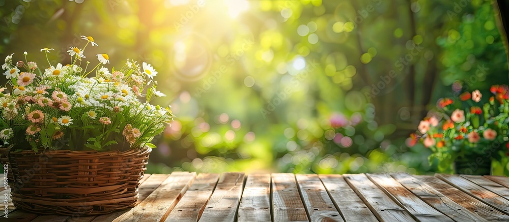 Poster wooden basket on desk and spring garden. with copy space image. place for adding text or design