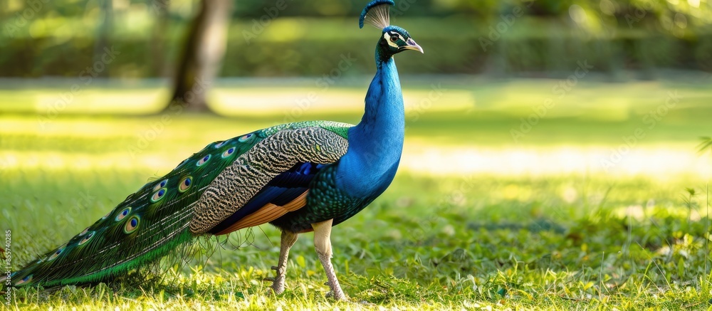 Poster The peacock walking in the park. pastel background  . with copy space image. Place for adding text or design